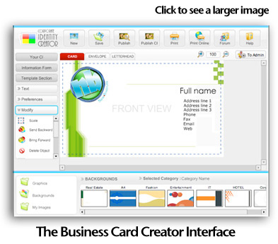 The Business Card Creator interface