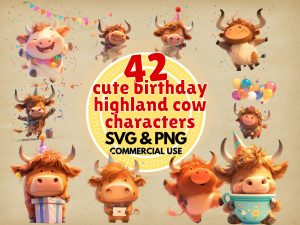 Cute Highland Cow Birthday Clipart PNG SVG Digital Download | Cow Party Graphics for Crafts Sublimation Stickers Invitations