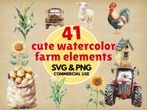 Watercolor Farm Clipart Bundle PNG SVG – Cute Farm Animals, Barn, Tractor, Rustic Digital Graphics for Crafts & Sublimation