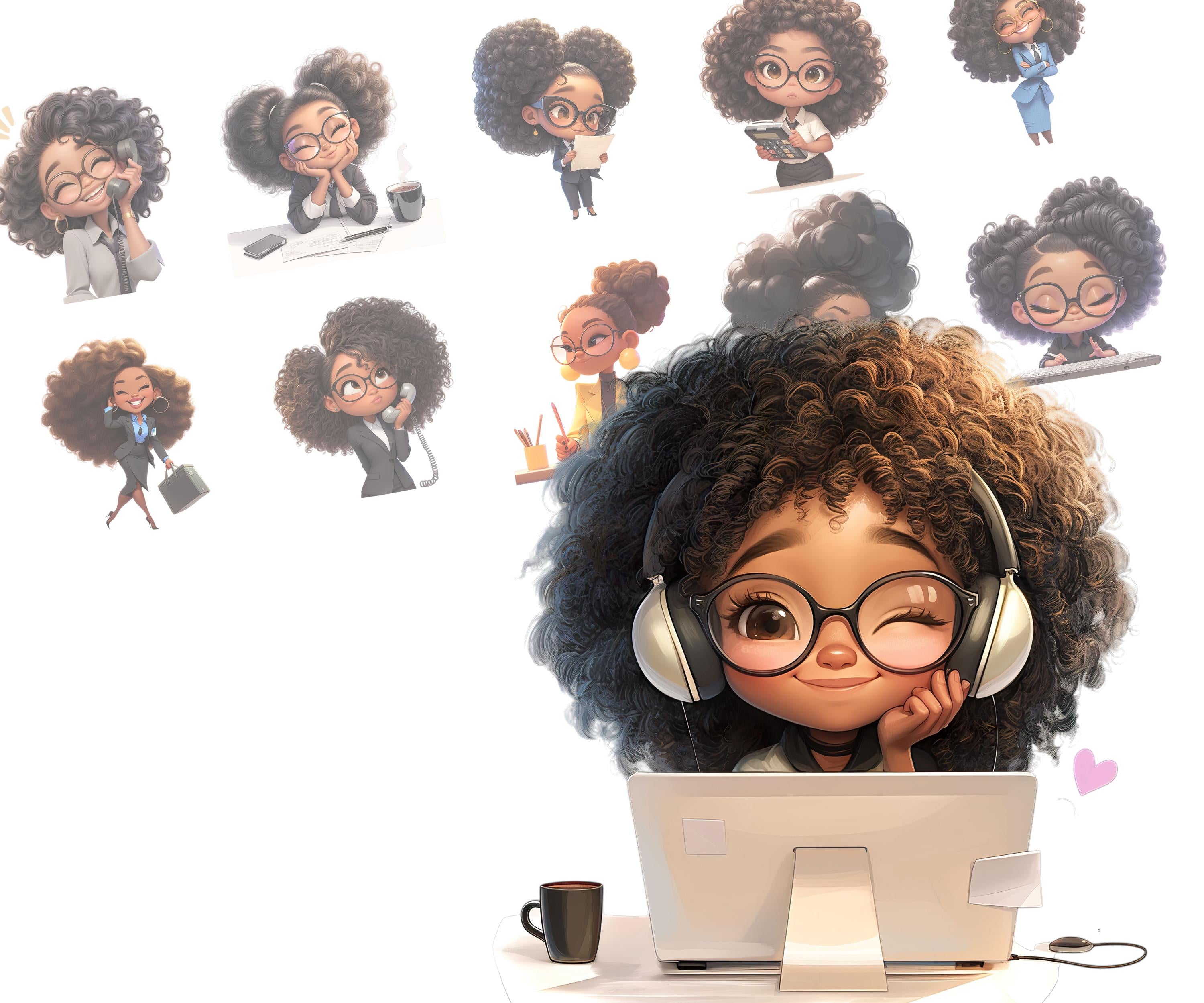 Charming Black Female Office Worker Clipart Set, Cute Chibi Characters, 35 Graphics, 300 DPI PNGs & Scaleable SVGs, Instant Download