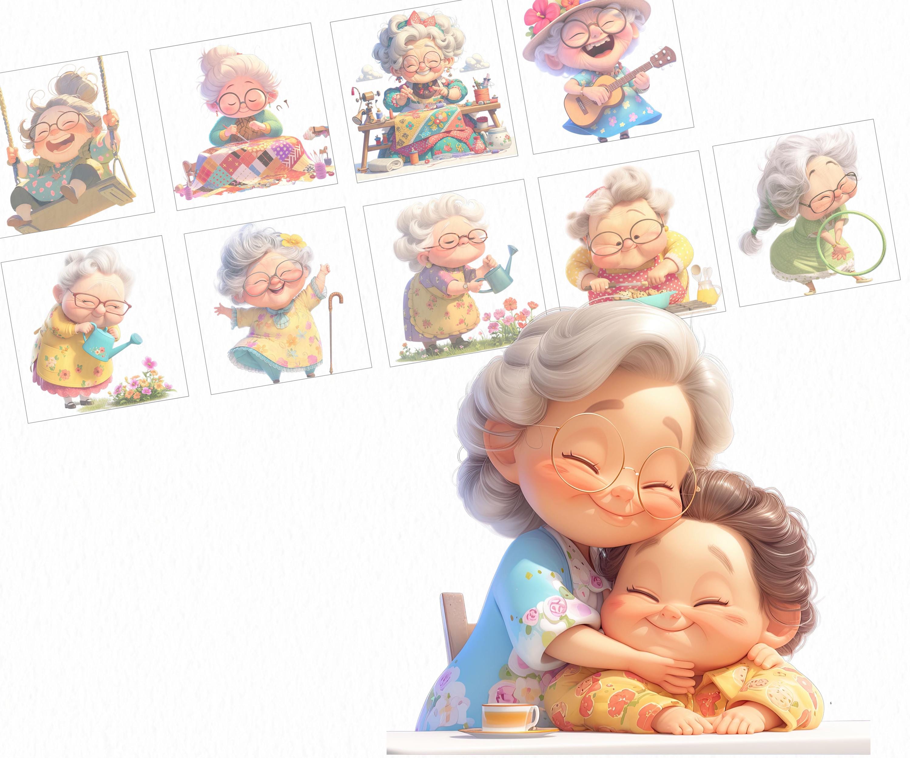 PNG and SVG Cute funny Chibi Senior Lady Clipart Bundle Cozy Granny Commercial use Instant Download Paper Crafts Junk Journal Scrapbooking