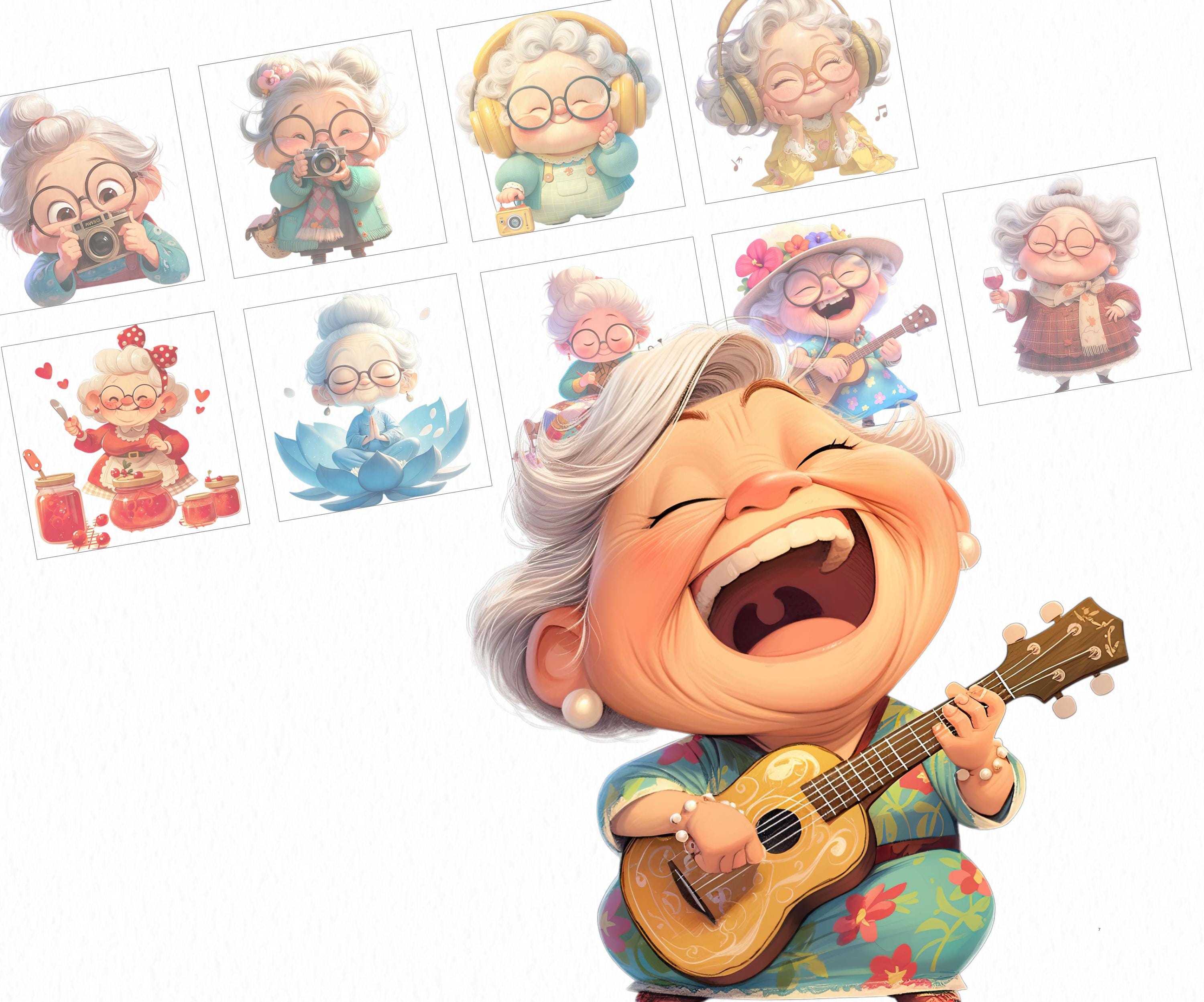 PNG and SVG Cute funny Chibi Senior Lady Clipart Bundle Cozy Granny Commercial use Instant Download Paper Crafts Junk Journal Scrapbooking