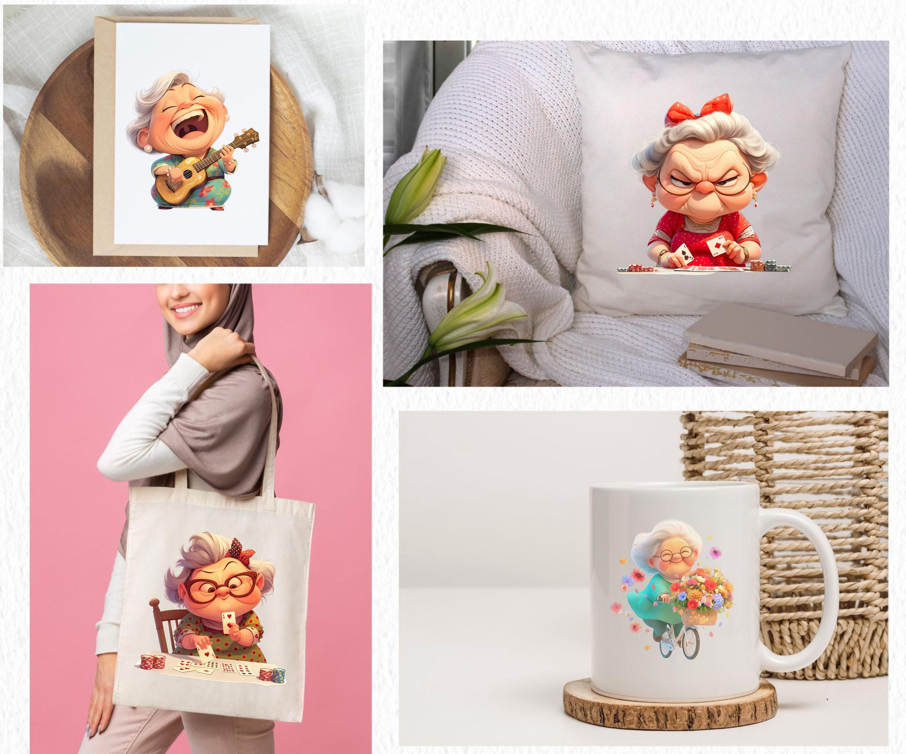 PNG and SVG Cute funny Chibi Senior Lady Clipart Bundle Cozy Granny Commercial use Instant Download Paper Crafts Junk Journal Scrapbooking