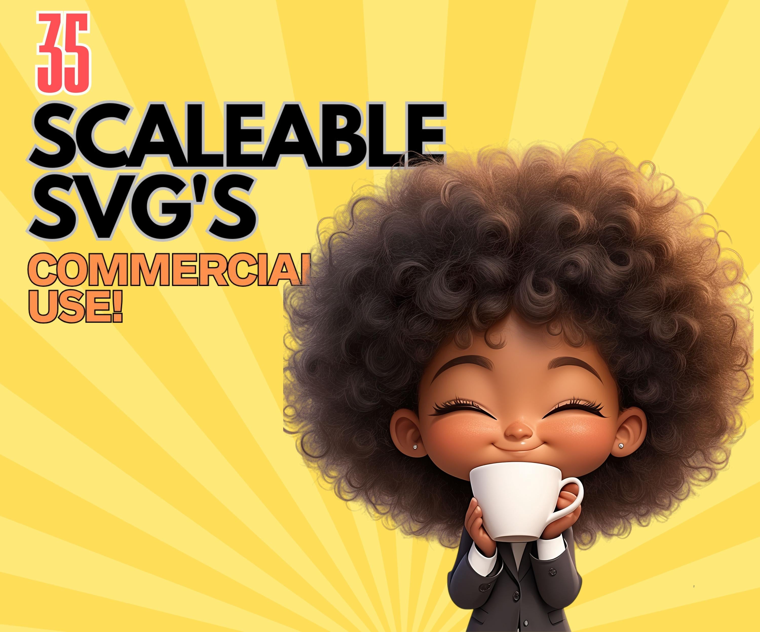 Charming Black Female Office Worker Clipart Set, Cute Chibi Characters, 35 Graphics, 300 DPI PNGs & Scaleable SVGs, Instant Download