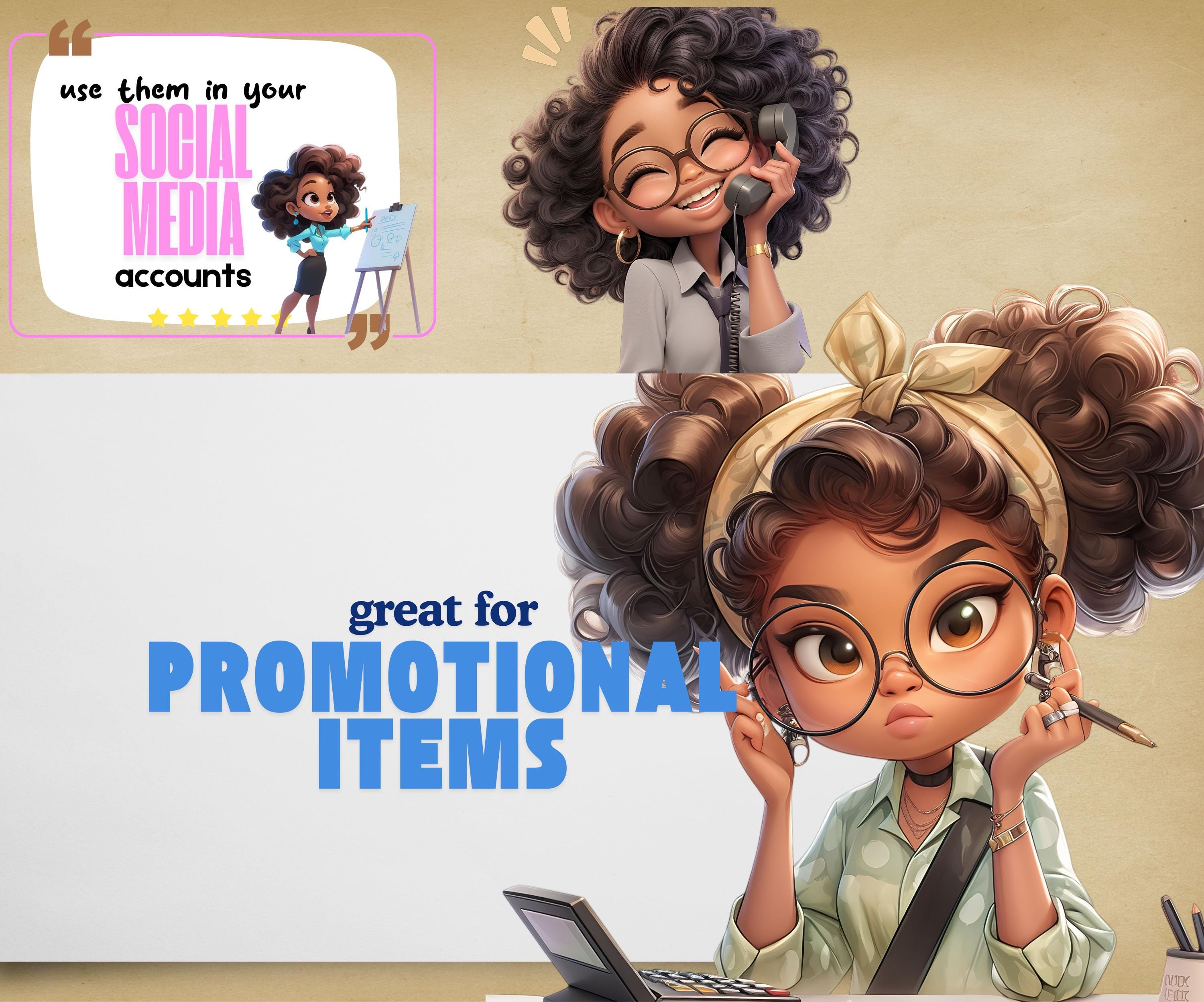 Charming Black Female Office Worker Clipart Set, Cute Chibi Characters, 35 Graphics, 300 DPI PNGs & Scaleable SVGs, Instant Download