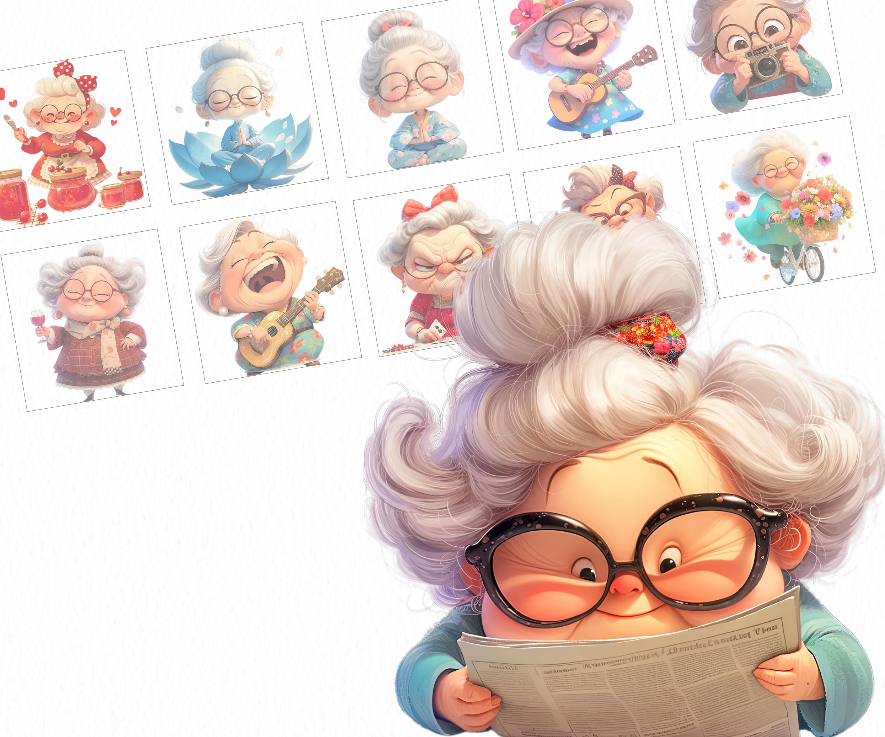 PNG and SVG Cute funny Chibi Senior Lady Clipart Bundle Cozy Granny Commercial use Instant Download Paper Crafts Junk Journal Scrapbooking
