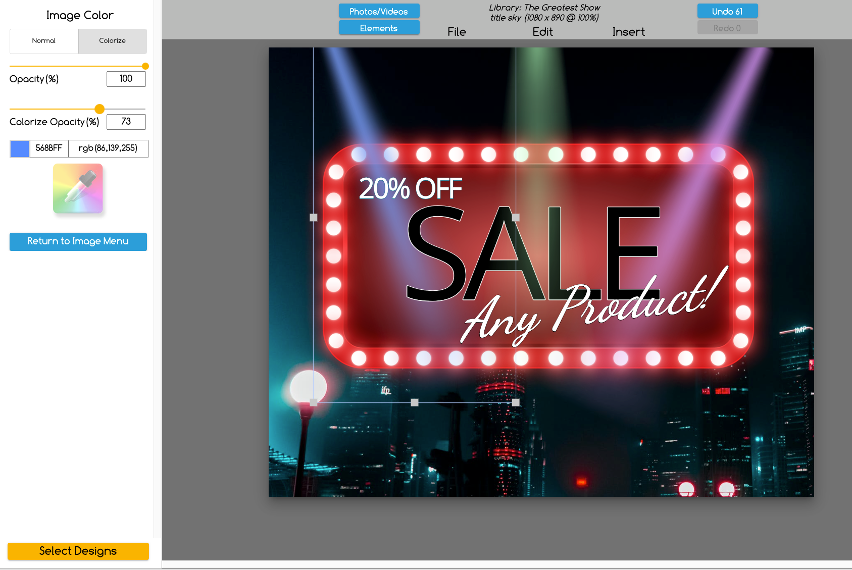 Show banner with marquee sign and colorful spotlights