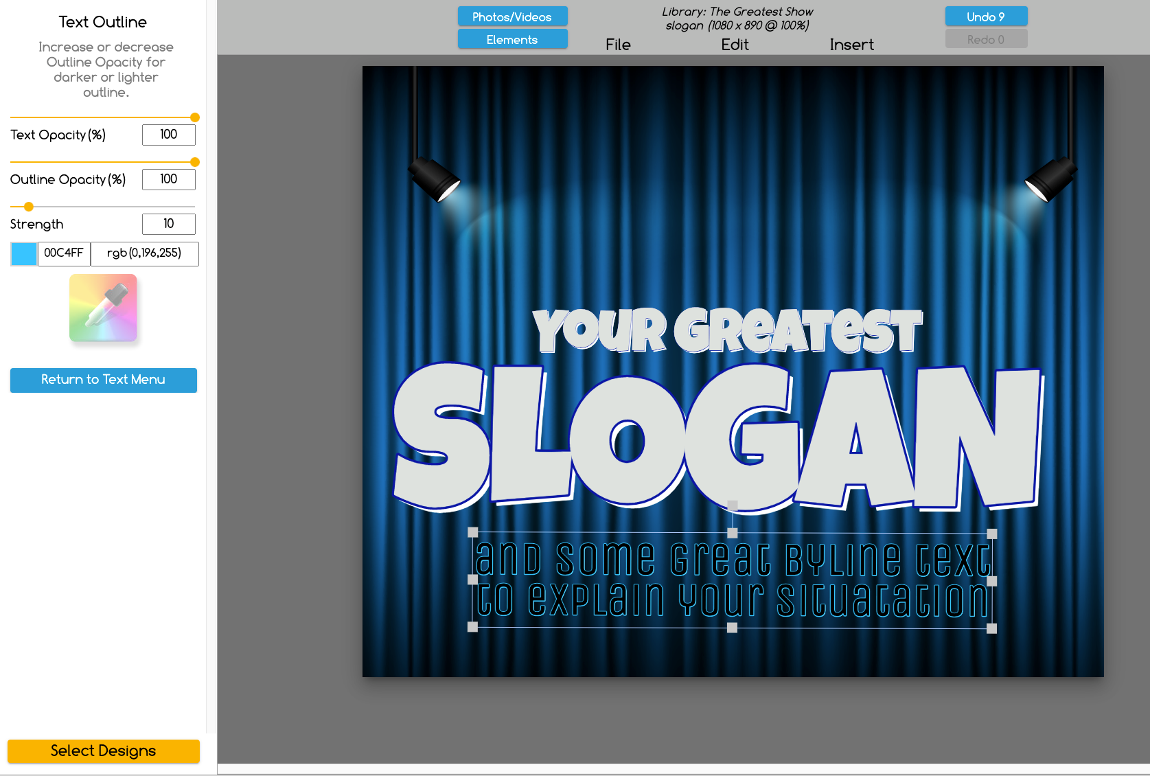 show banner with theatre stage background and spotlights