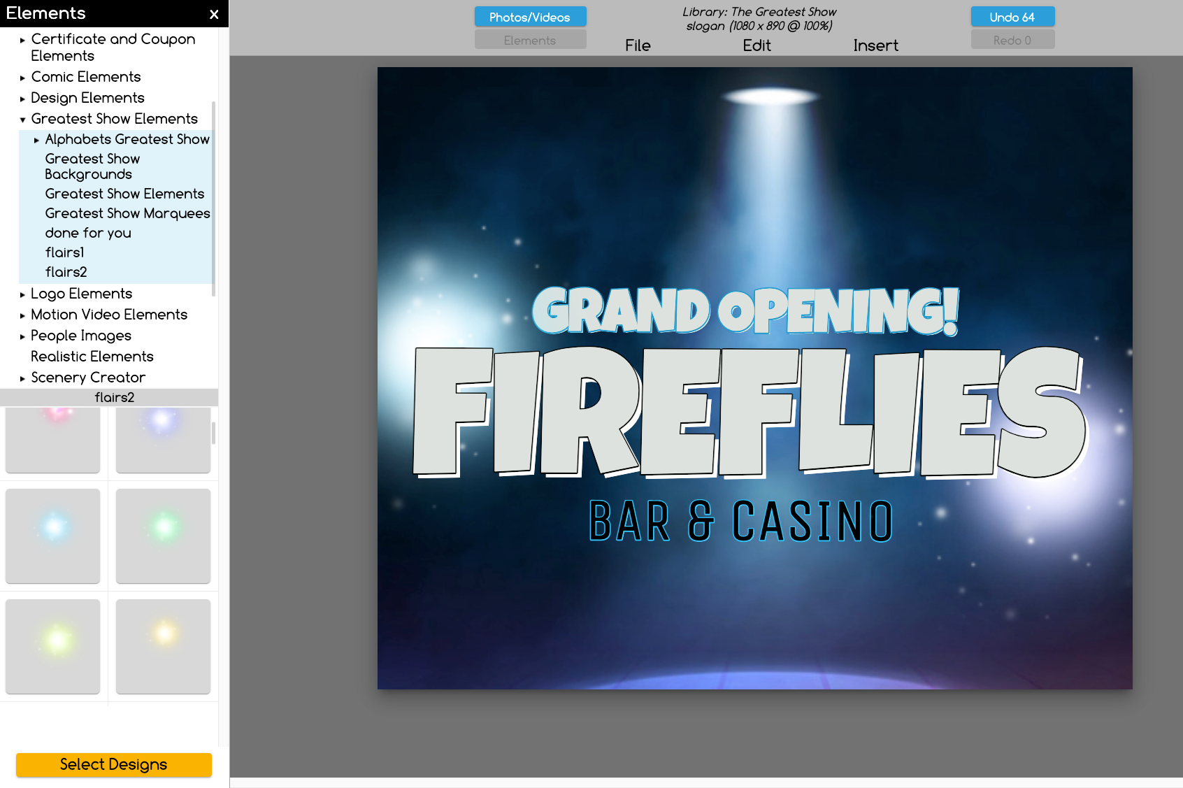 Show banner maker template with light flares and spotlight background